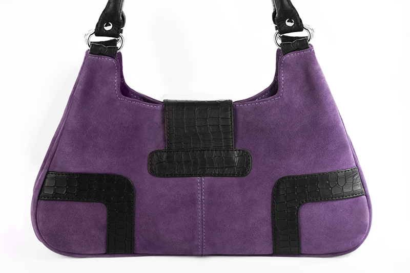Amethyst purple and satin black women's dress handbag, matching pumps and belts. Rear view - Florence KOOIJMAN